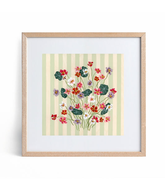 red, pink, purple and white flowers on a green striped background