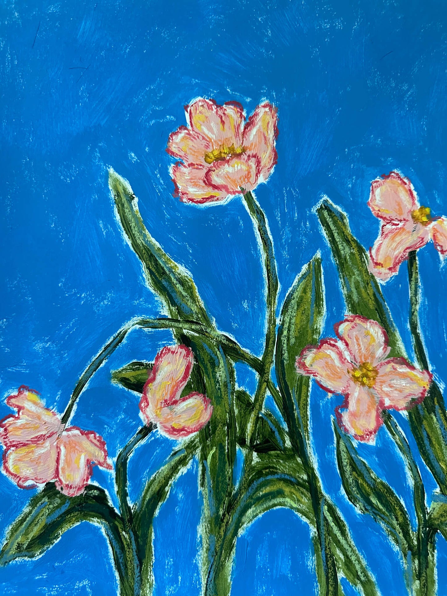Painting of pink flowers with green stems on a blue background