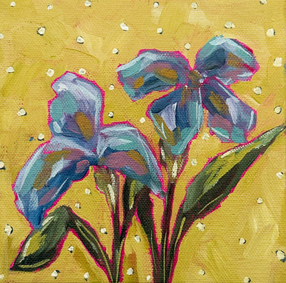 Painting of blue flowers with green leaves on a yellow background