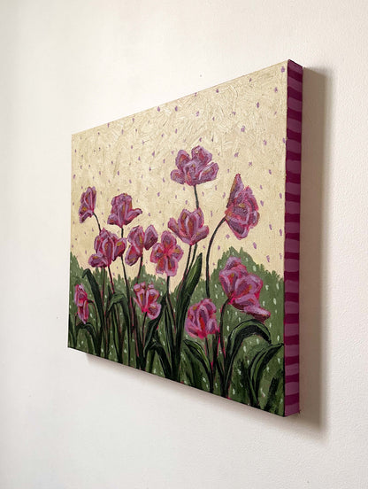 Painting of pink flowers with a light yellow with purple polka dot background and purple striped sides.