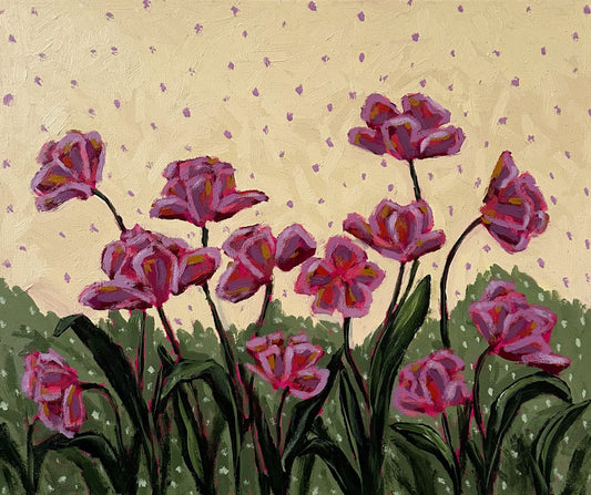 Painting of pink flowers with a light yellow with purple polka dot background