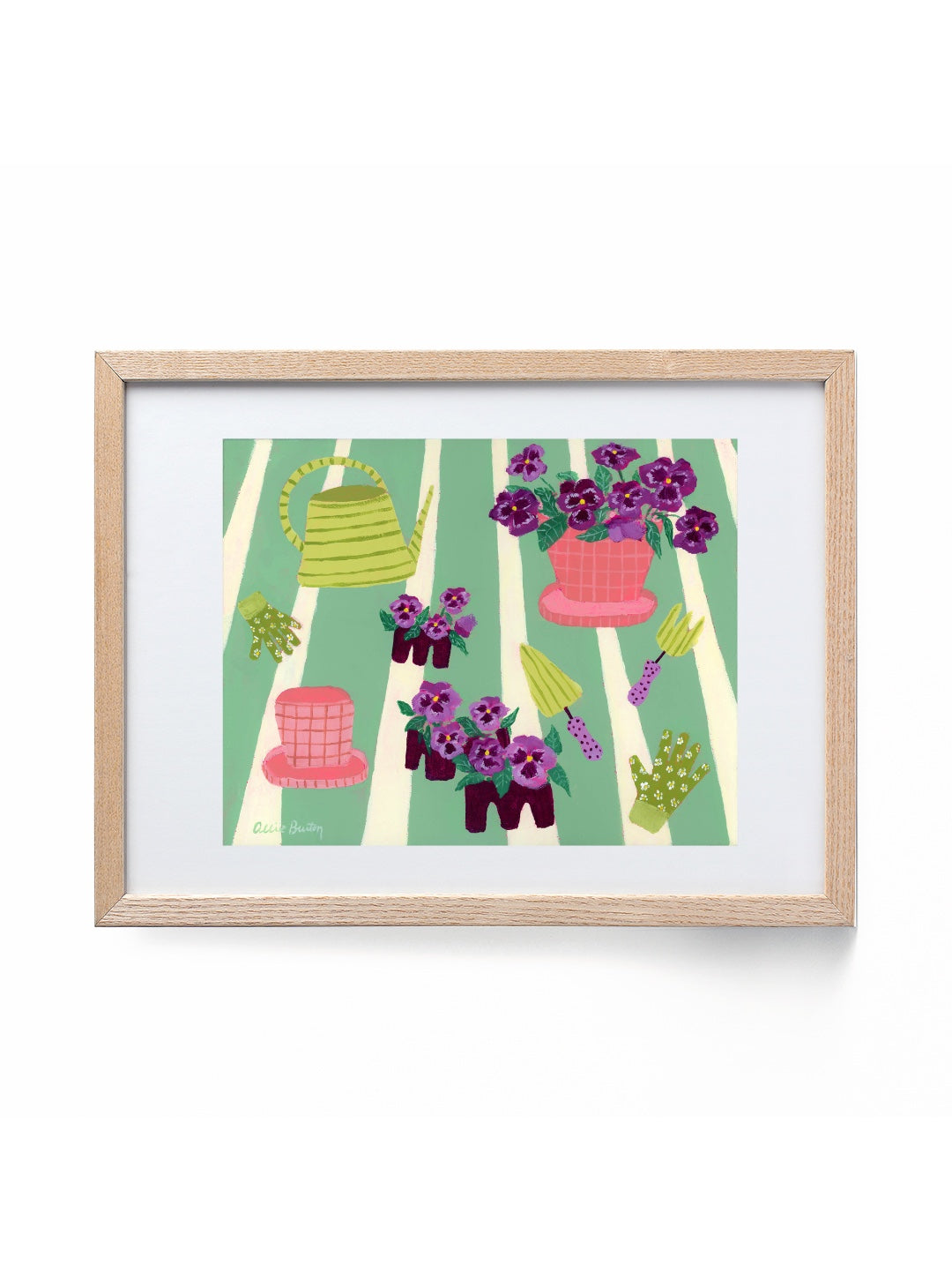 Framed artwork with colorful pots and flowers on a green background