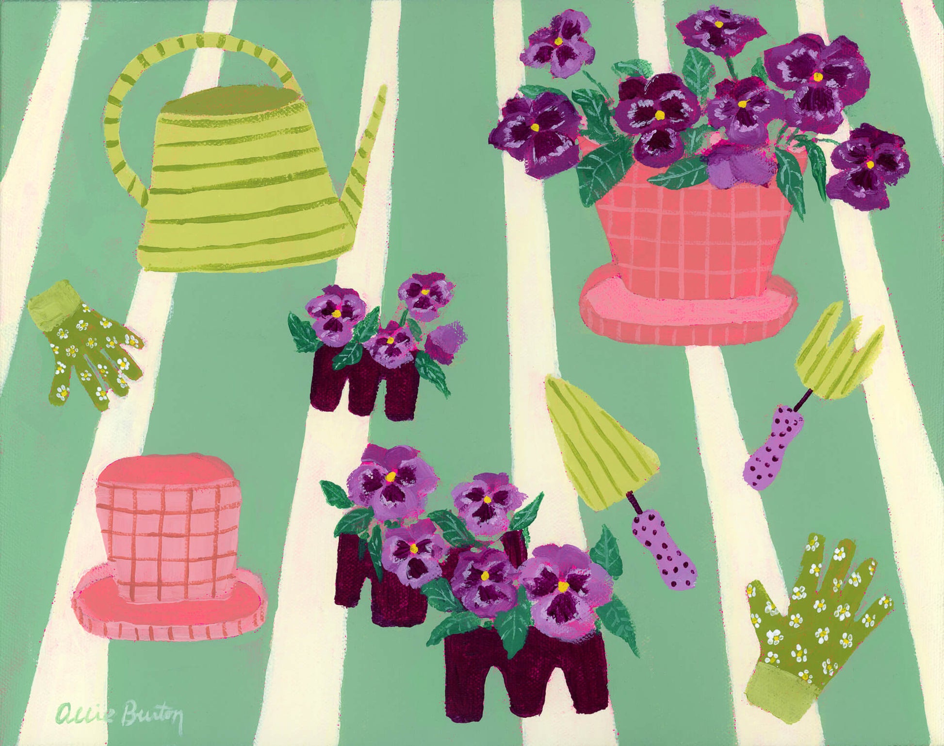 Illustration of gardening tools and purple flowers on a green background
