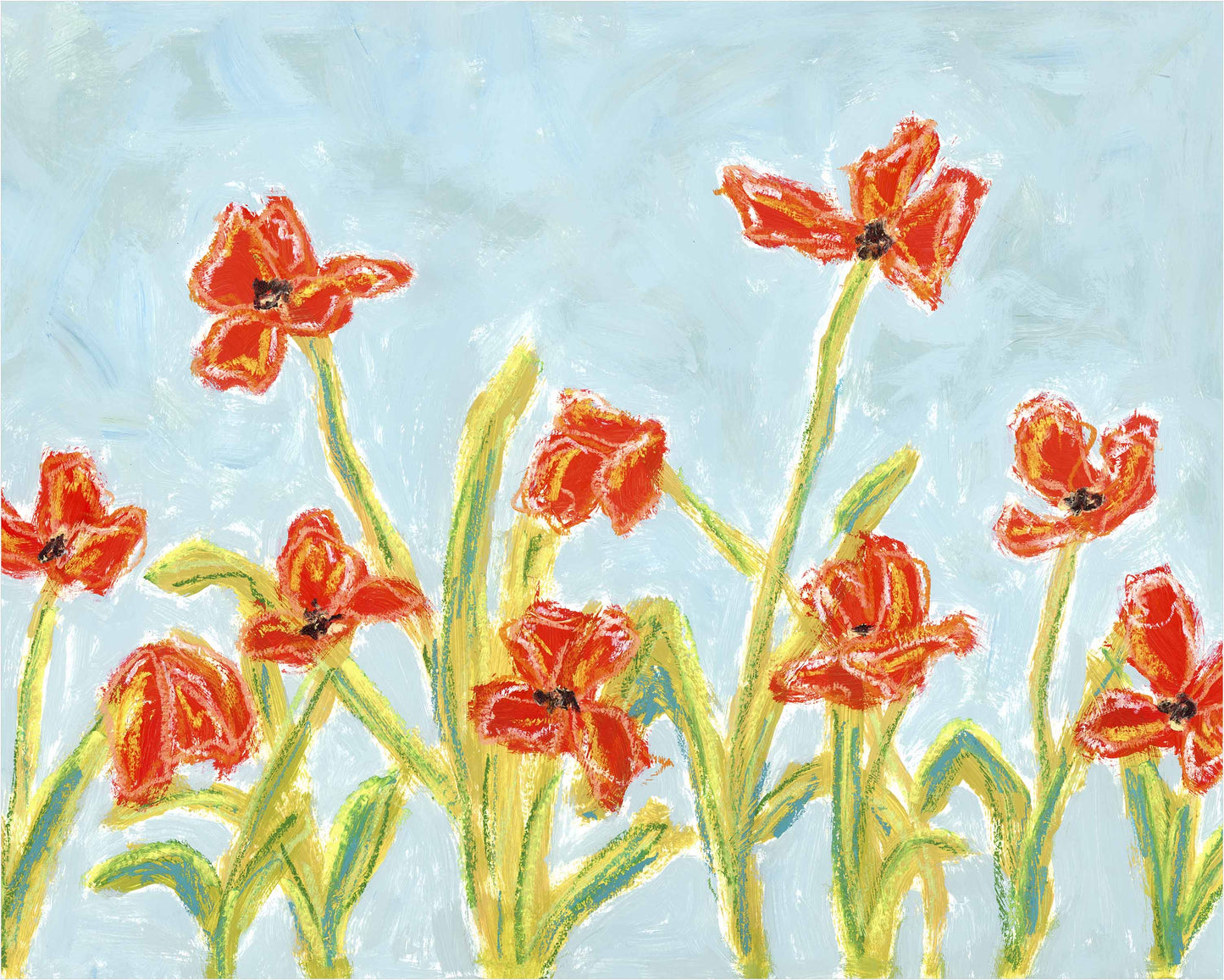 A textured painting of red poppies with green stems and leaves against a light blue background.