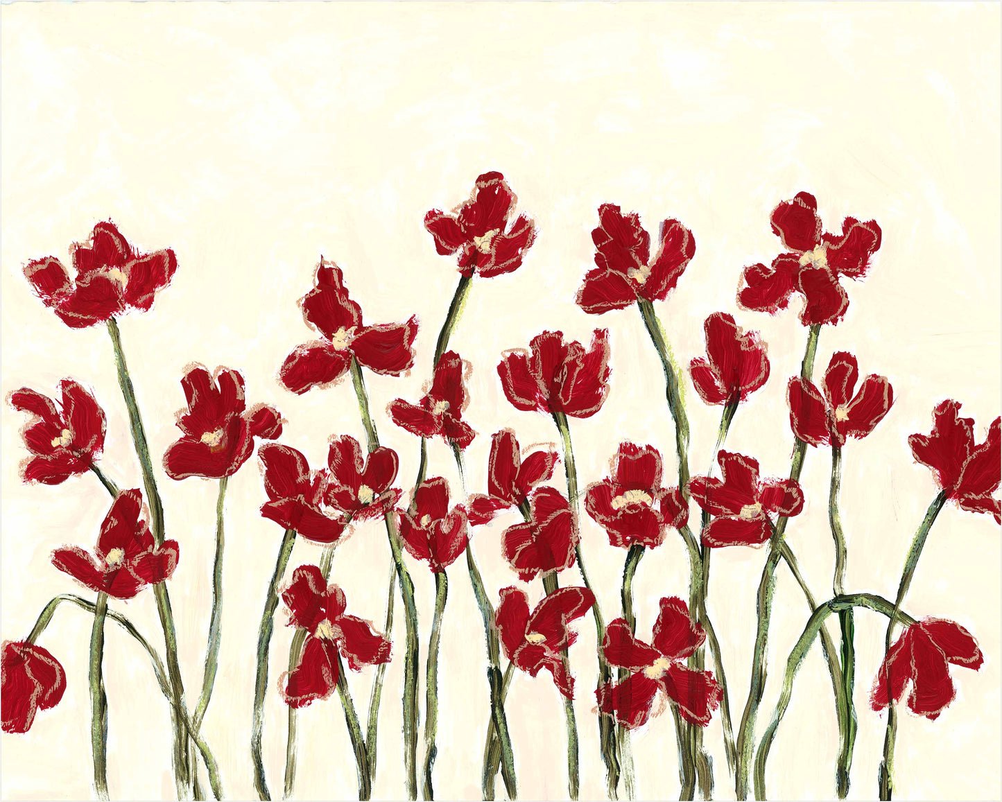 A painting of red tulips with green stems on a warm cream background.
