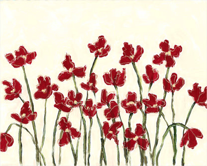 A painting of red tulips with green stems on a warm cream background.