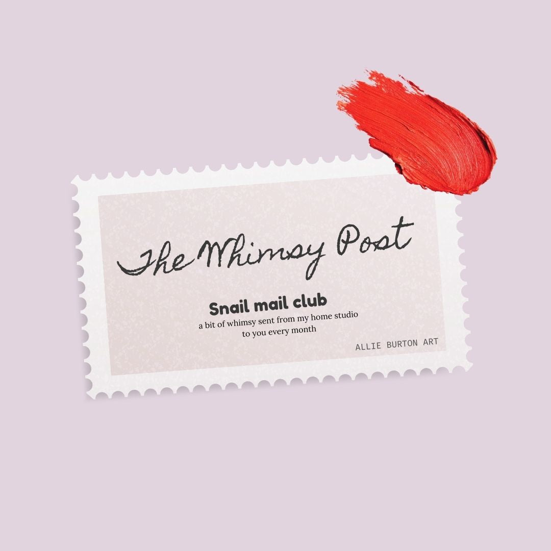 Card with 'The Whimsy Post' branding and a red paint stroke on a light purple background