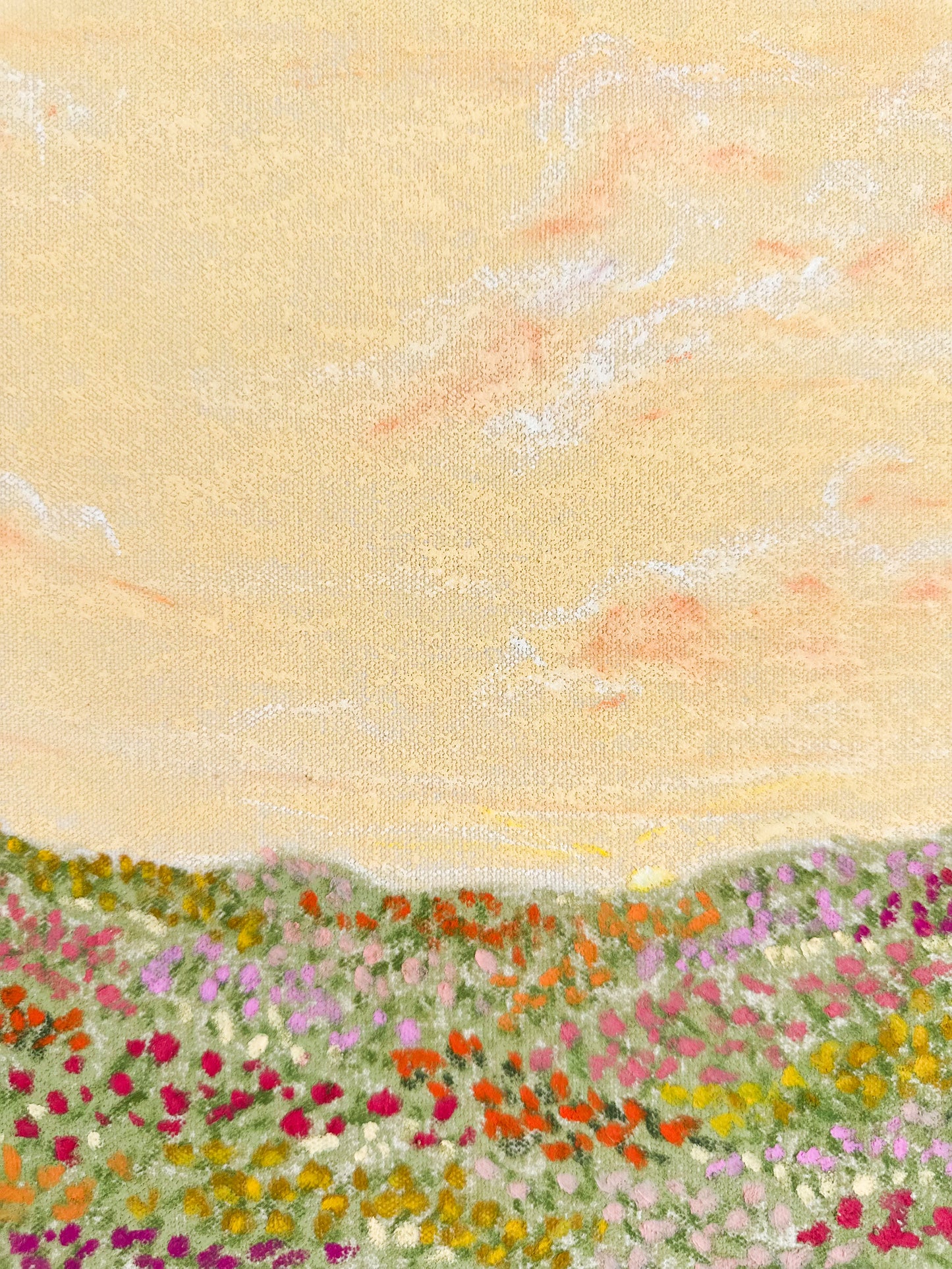 Painting of a landscape with flowers and a sky.