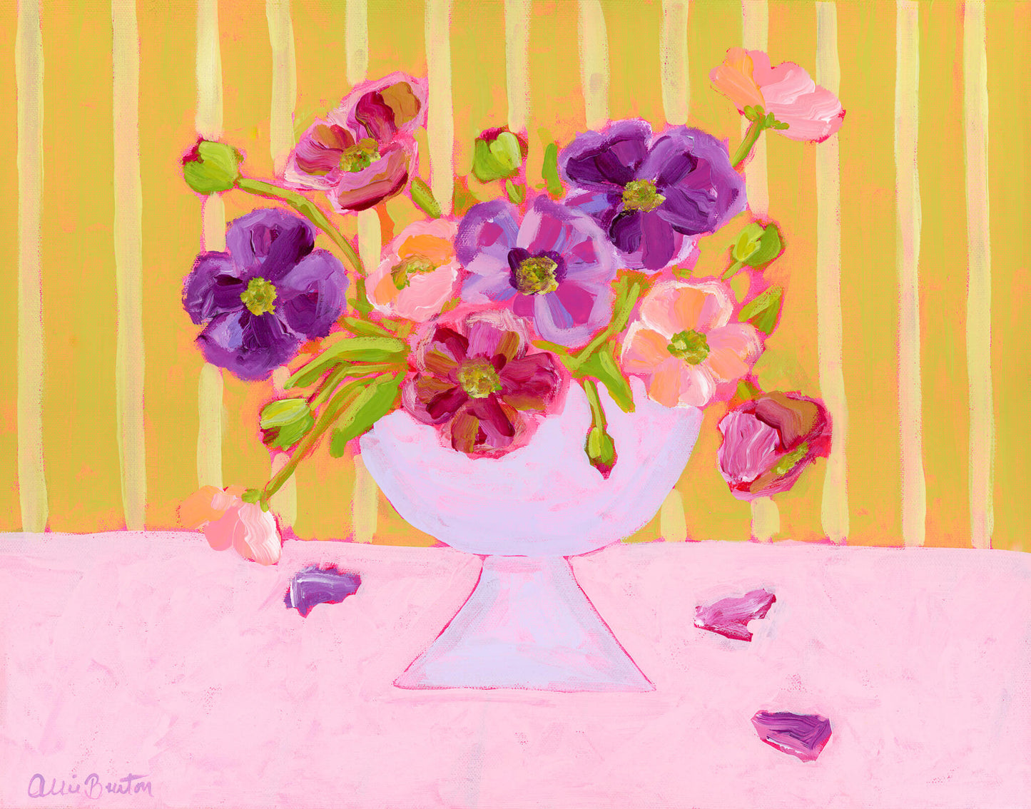 Colorful painting of a vase with pink and purple flowers on a striped background