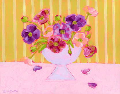 Colorful painting of a vase with pink and purple flowers on a striped background