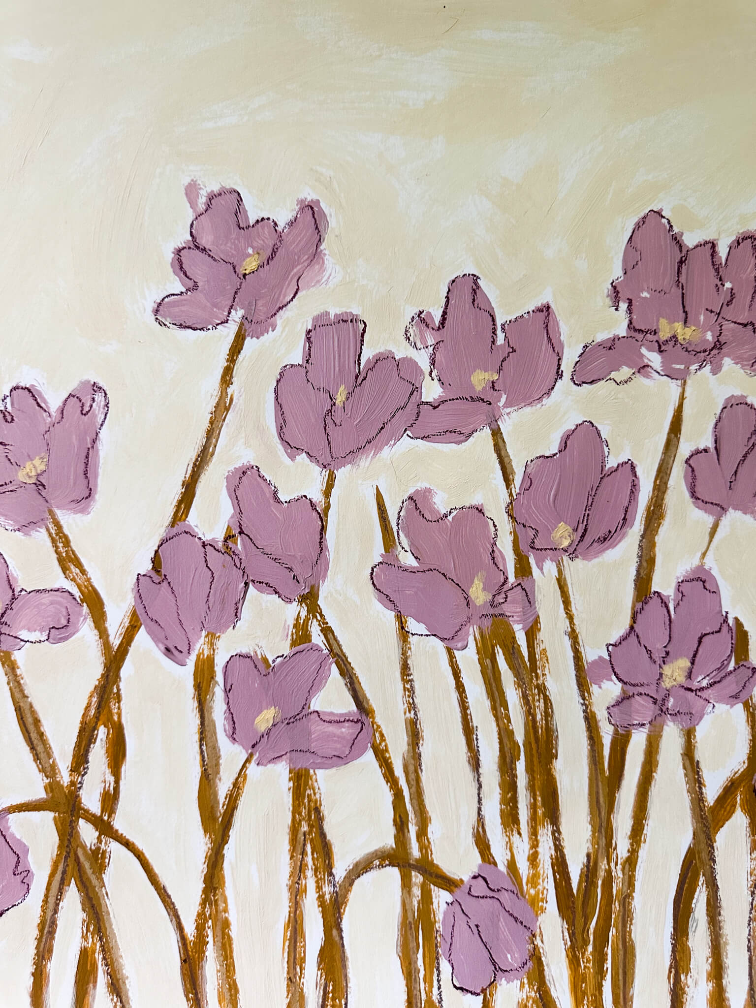 Artistic depiction of purple flowers on a beige background