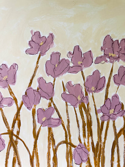Artistic depiction of purple flowers on a beige background