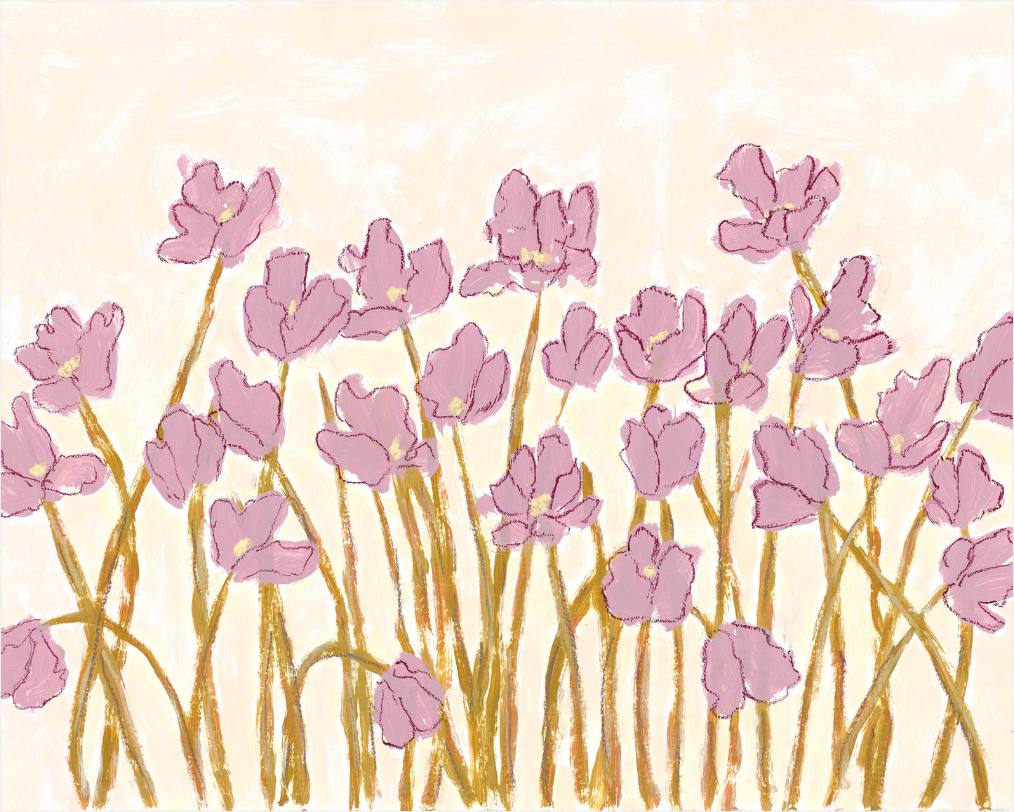 A floral art print depicting pink tulips with gold stems on a textured cream background.