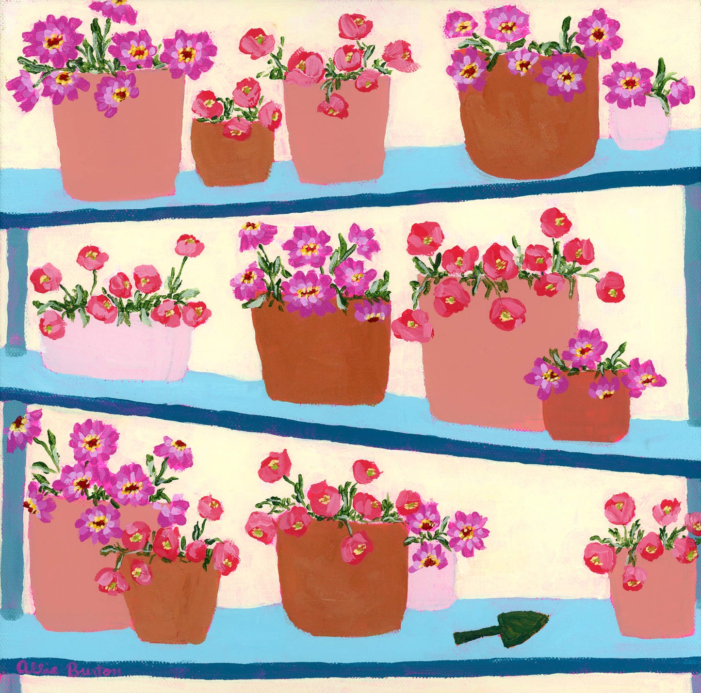 Artistic depiction of potted flowers on a striped background