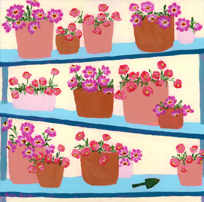 Artistic depiction of potted flowers on a striped background