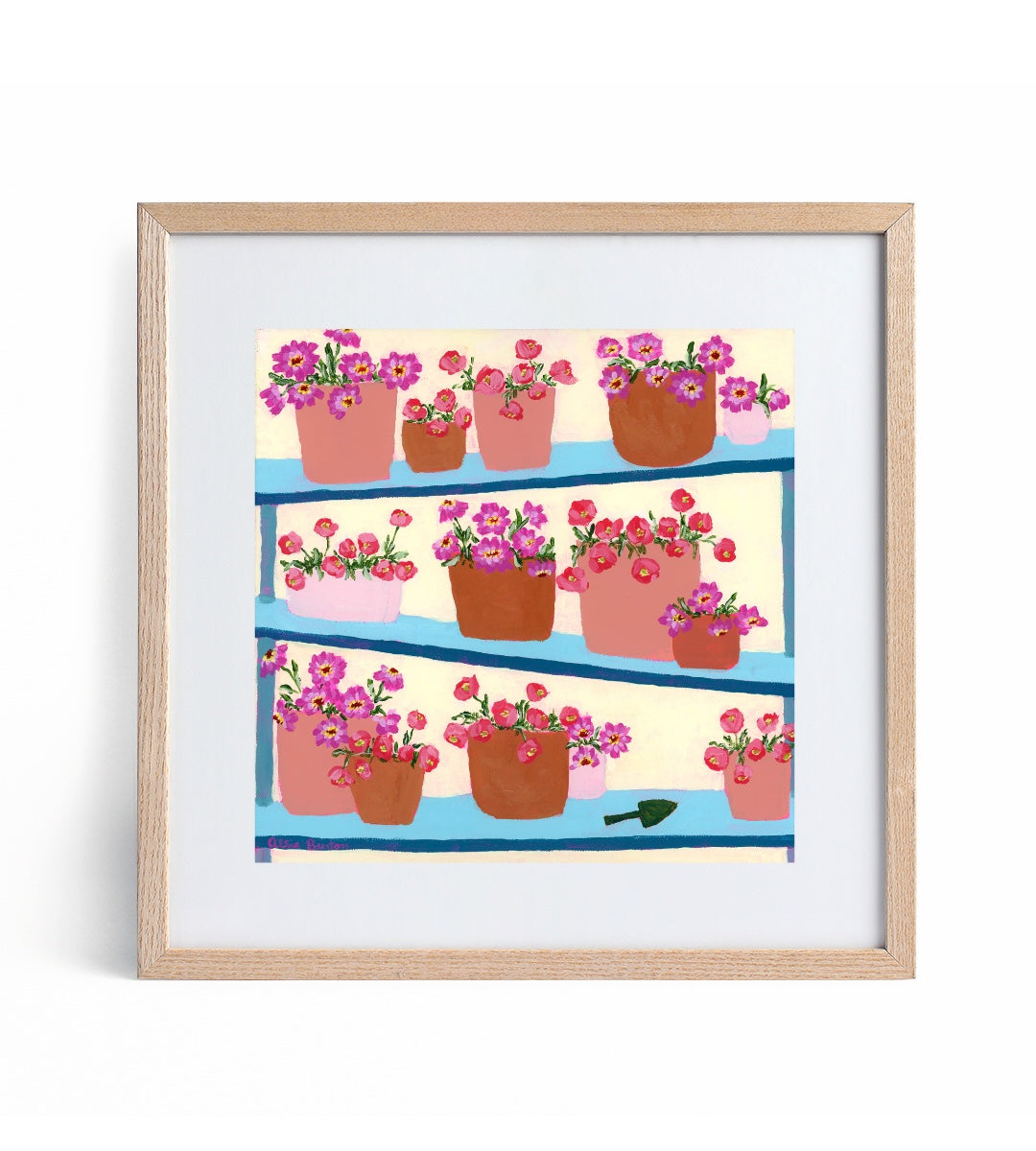 Framed artwork of potted plants on shelves with a white border