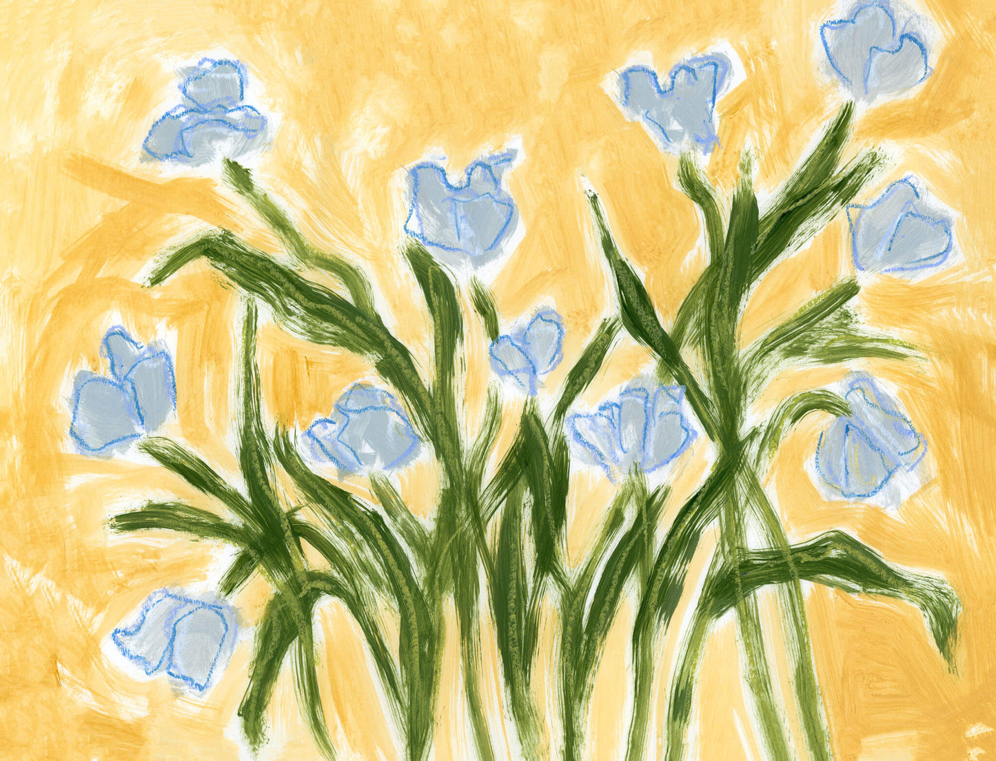 blue tulips painted on a yellow background