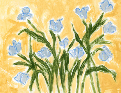 blue tulips painted on a yellow background