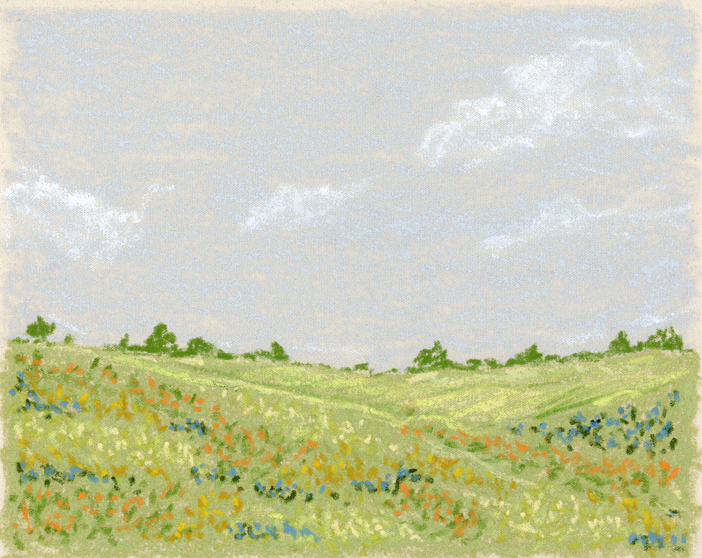 A landscape painting with bright green fields and blue, yellow and orange flowers. The sky is blue with soft white clouds. 
