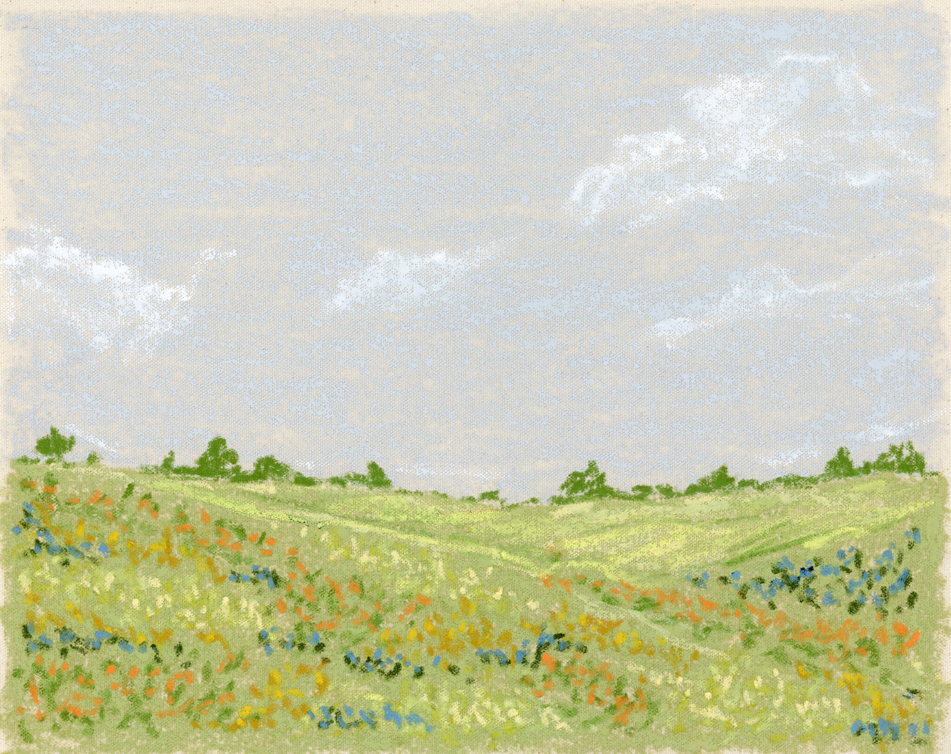 A landscape painting with bright green fields and blue, yellow and orange flowers. The sky is blue with soft white clouds. 