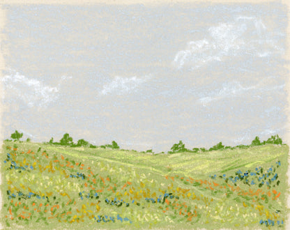 A landscape painting with bright green fields and blue, yellow and orange flowers. The sky is blue with soft white clouds. 