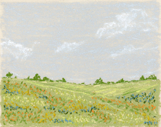 A landscape painting with bright green fields and blue, yellow and orange flowers. The sky is blue with soft white clouds. 