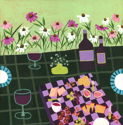Illustration of a garden party scene with flowers, wine bottles, and food on a checkered tablecloth.