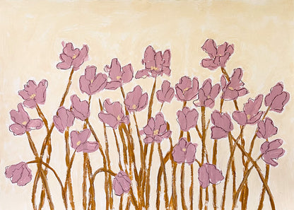 mauve flowers with yellow stems painted on a beige background