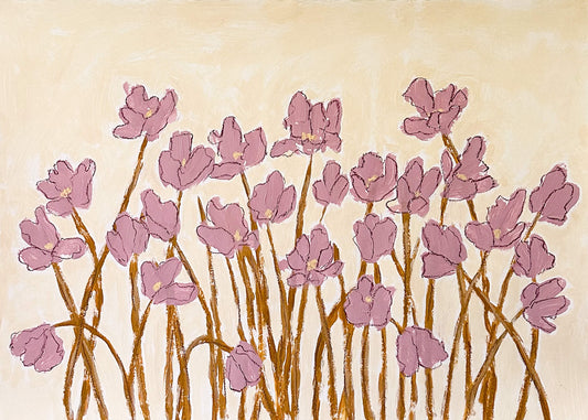 mauve flowers with yellow stems painted on a beige background