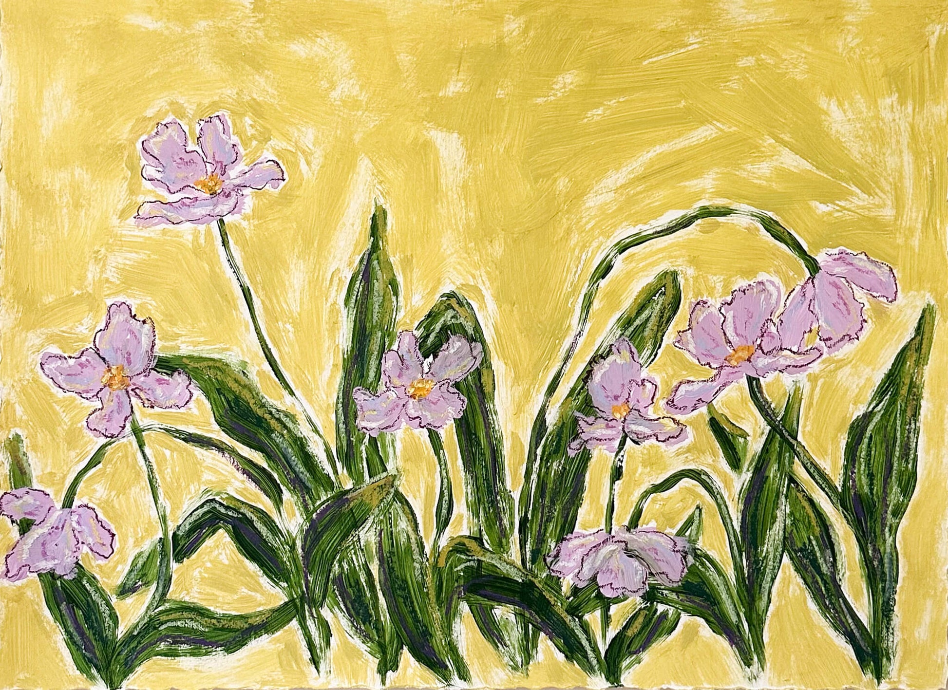 light purple flowers with green stems painted on a bright greenish yellow background