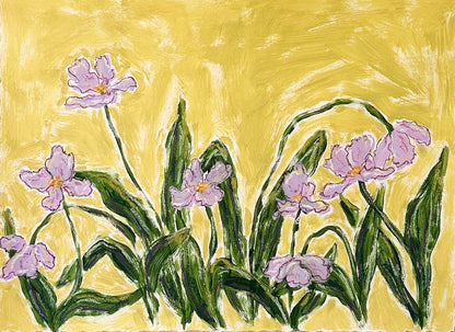 light purple flowers with green stems painted on a bright greenish yellow background