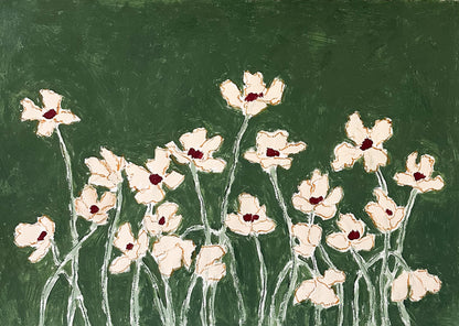off white flowers with green stems painted on a dark green background