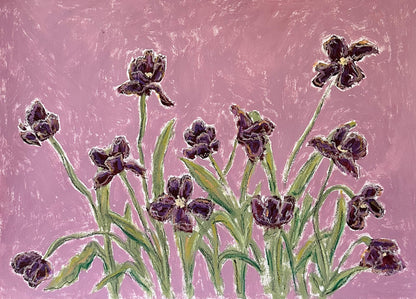 dark purple flowers with green stems painted on a light purple background