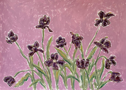 dark purple flowers with green stems painted on a light purple background