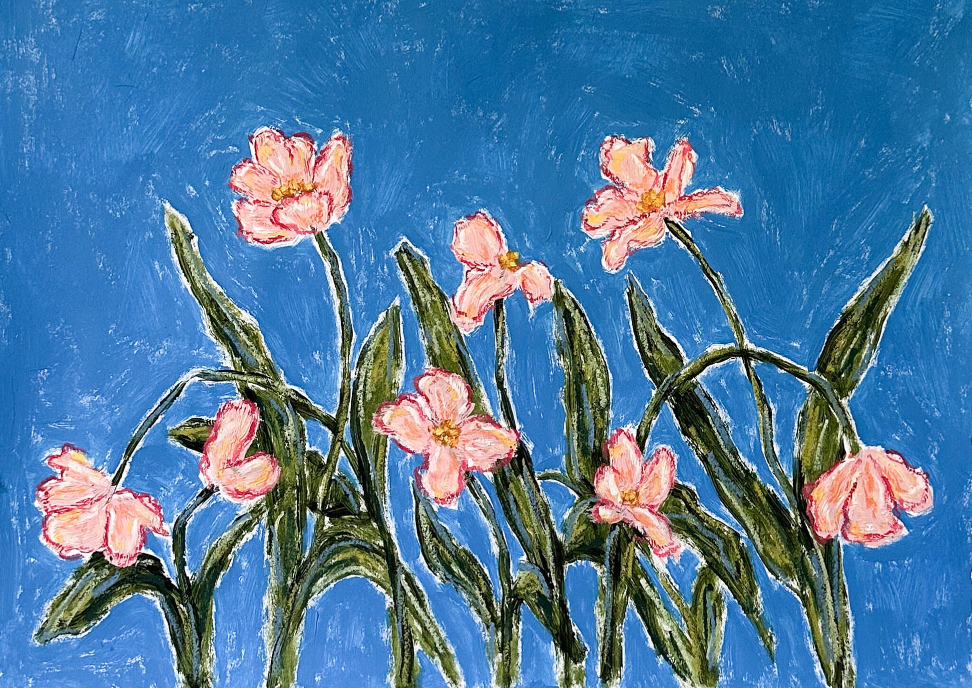 pink flowers with green stems painted on a bright blue background
