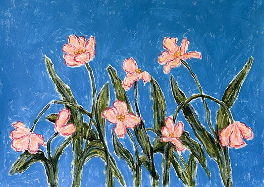 pink flowers with green stems painted on a bright blue background