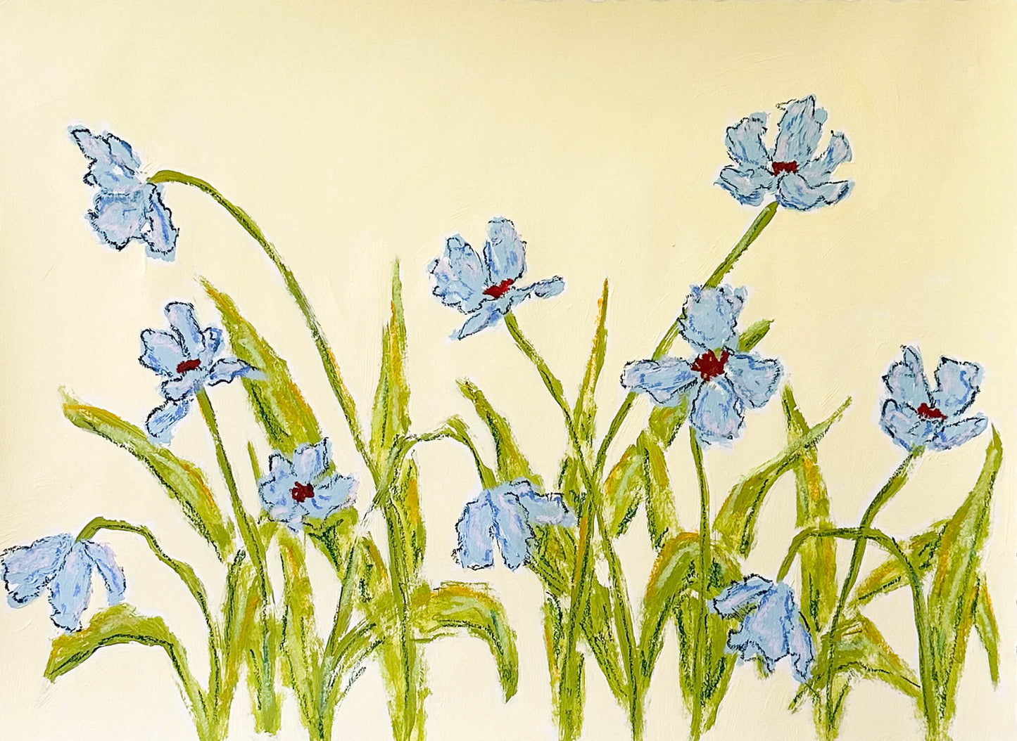 light blue flowers with green stems painted on a light yellow background