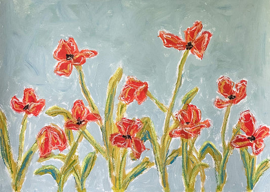 orange flowers with green stems painted on a dusty blue background