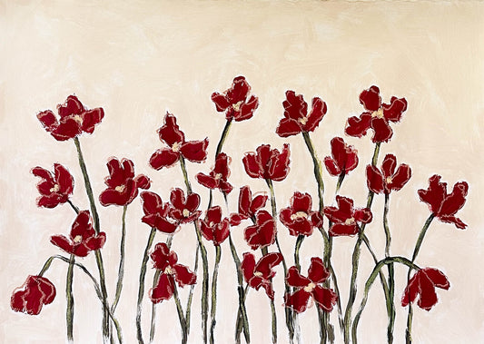 deep red flowers with green stems painted on a beige background