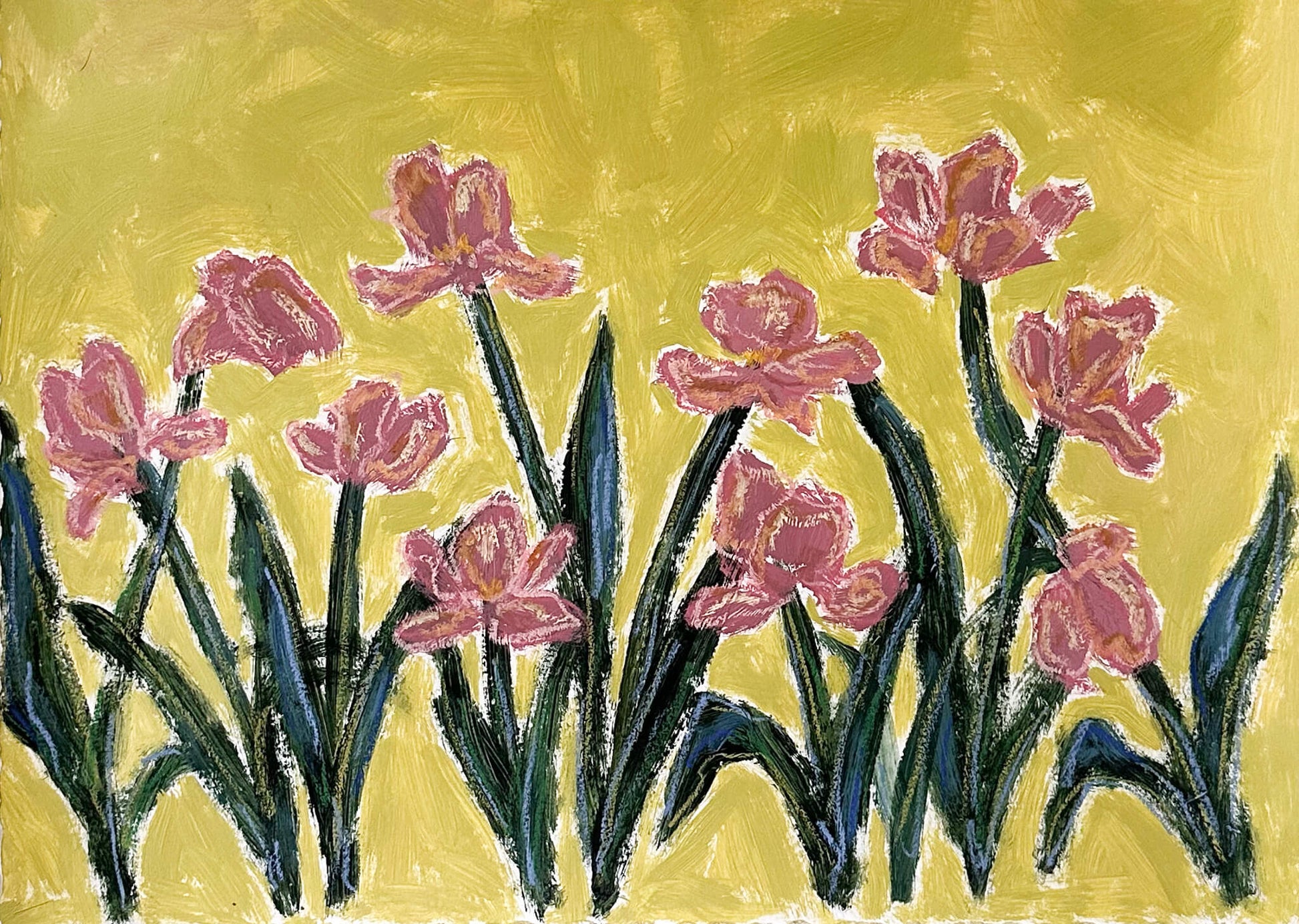 mauve flowers with green stems painted on a bright yellowish green background