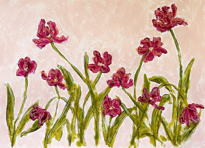 dark pink flowers with green stems painted on a light pink background