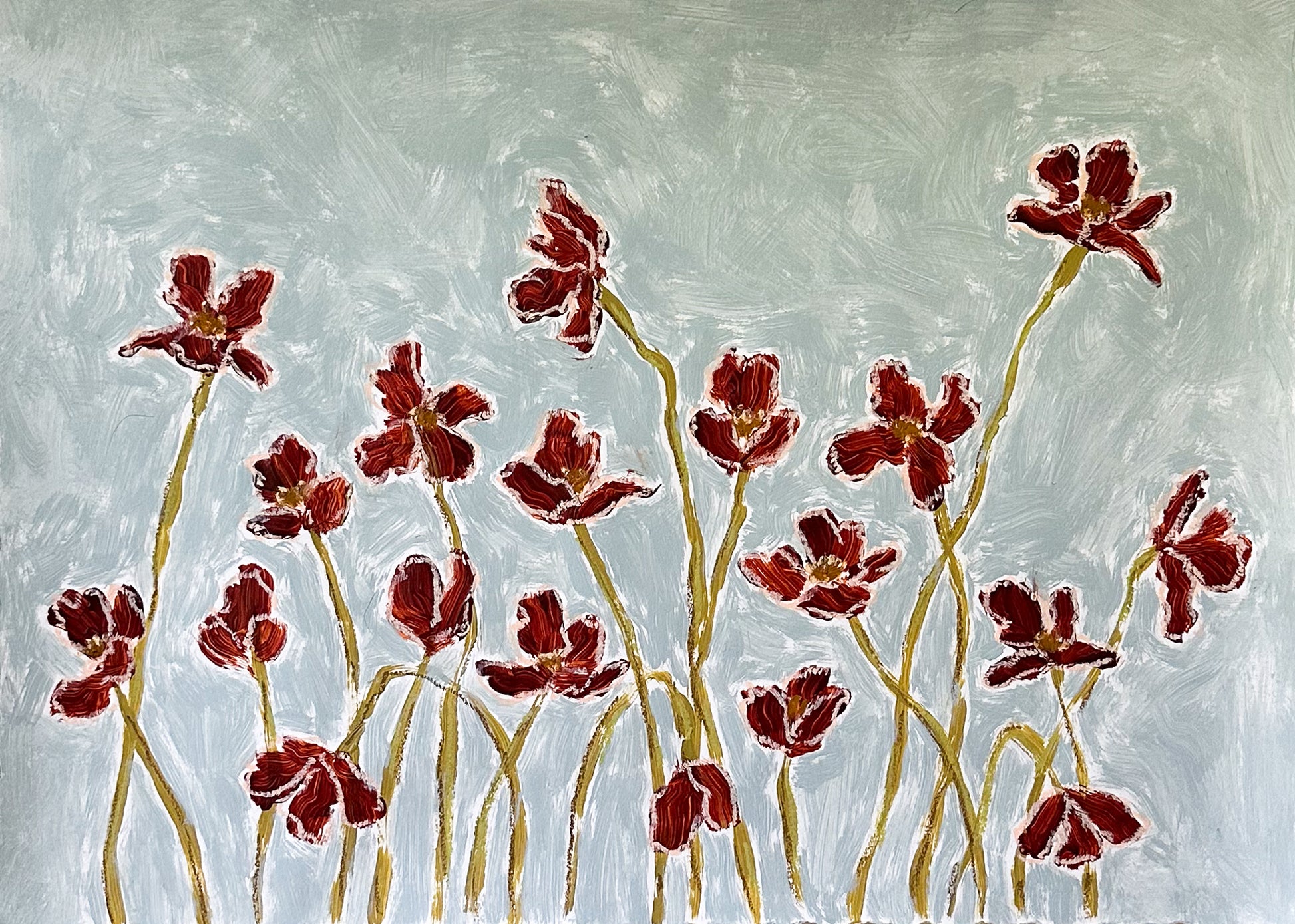 deep orange flowers painted on a dusty blue background