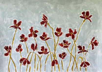 deep orange flowers painted on a dusty blue background