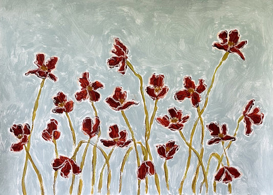 deep orange flowers painted on a dusty blue background