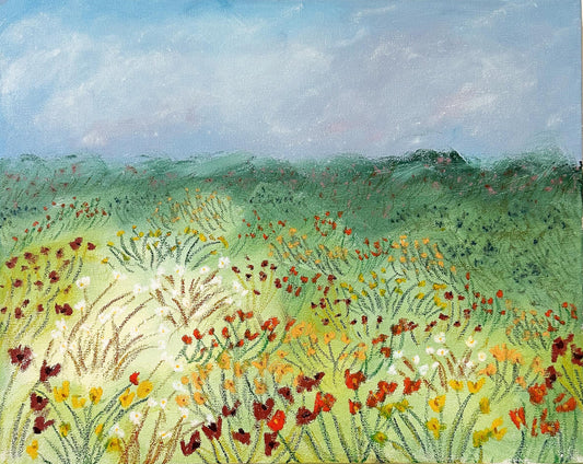 Painting of a field with red and yellow flowers under a blue sky.