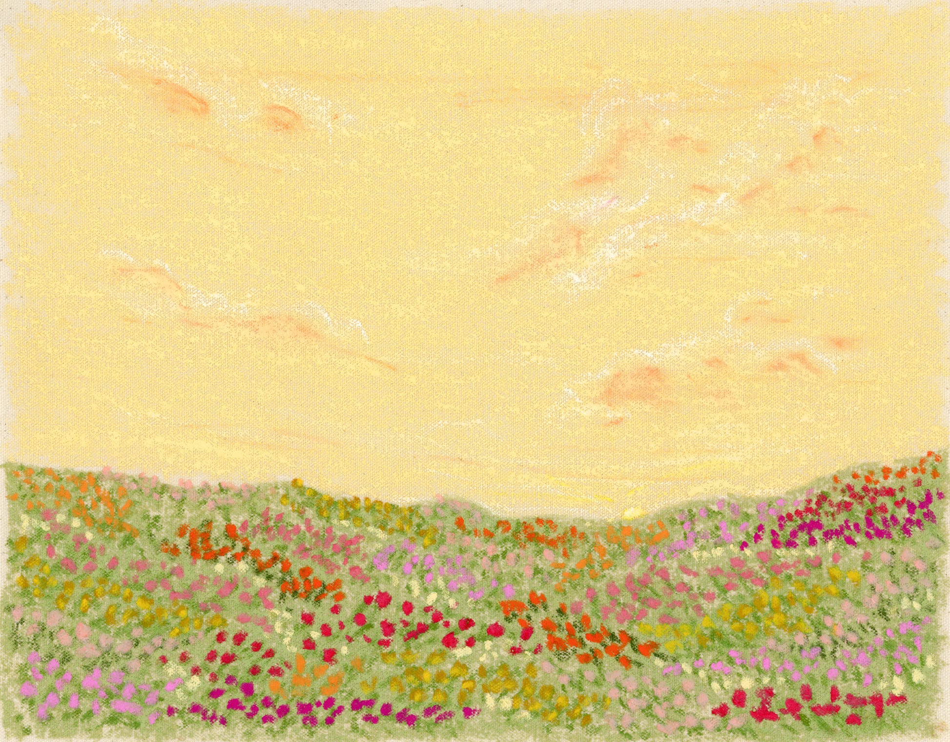 A colorful landscape print. The print shows a colorful flower field with a yellow sky.