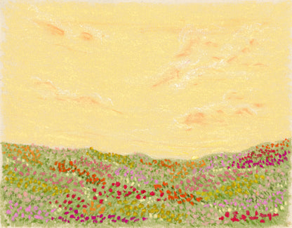 A colorful landscape print. The print shows a colorful flower field with a yellow sky.