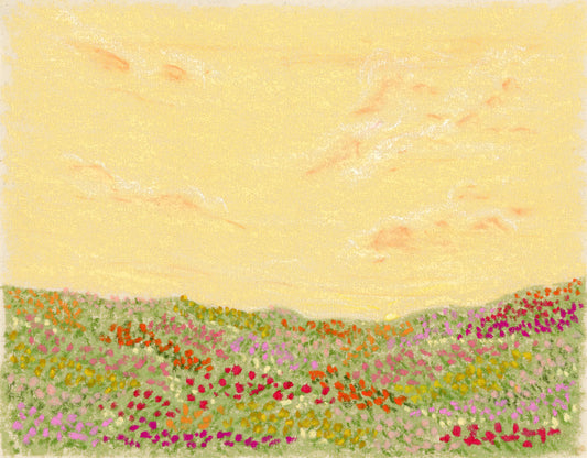 A colorful landscape print. The print shows a colorful flower field with a yellow sky.